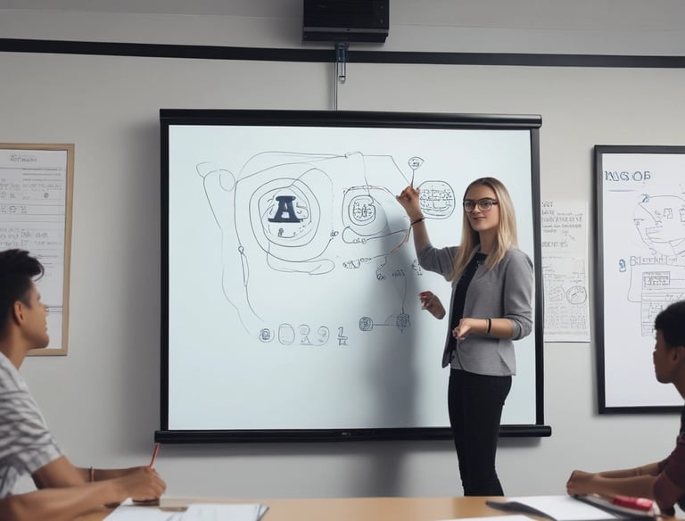 Four small, white robot figures are sitting in a row, each with a laptop in front of them. They have round bodies and blue accents, with 'AI' displayed on their chests. The background is minimal and light gray, emphasizing the robots and their computers.