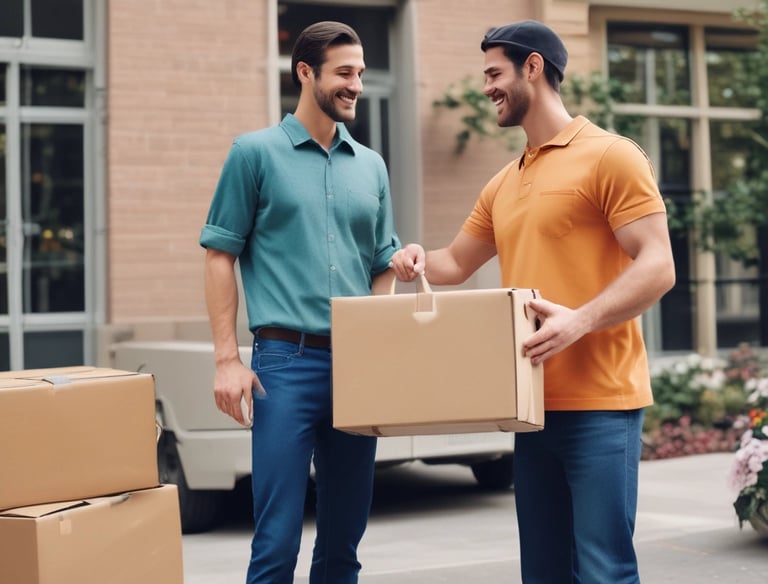 A delivery person handing a package to a satisfied customer at their doorstep.
