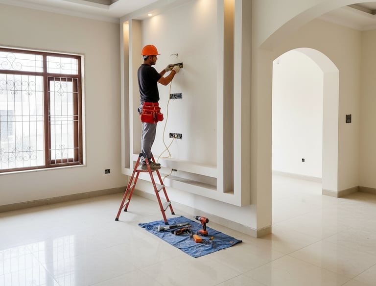 Professional electrician on a ladder installing wiring for a modern home entertainment wall.