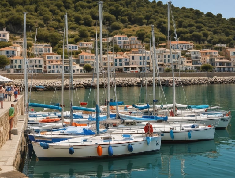 A cozy sailboat deck at sunset, with people relaxing after a day on the water.