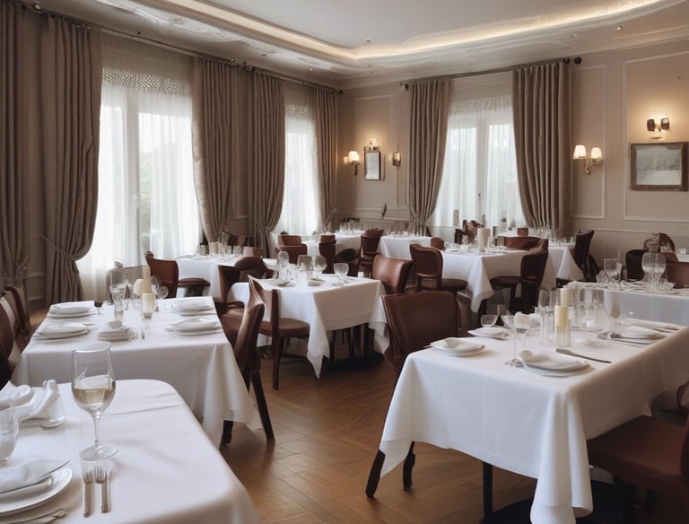 A clean restaurant full of tablecloth
