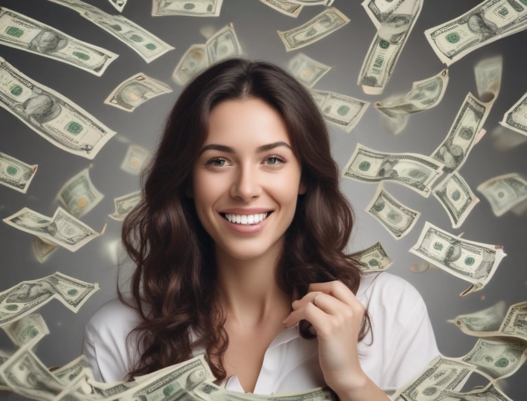 A collection of coins and cash on a bright surface.