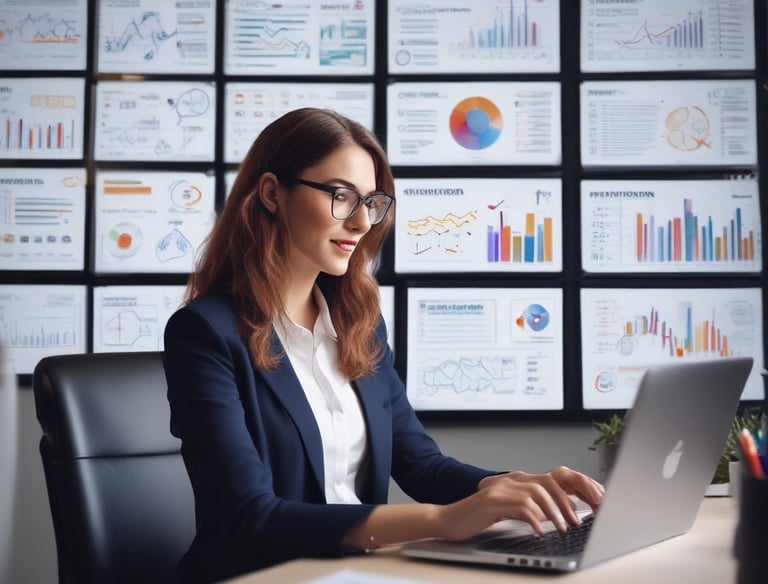A person stands in front of a store display featuring the Hugo Boss brand. The display includes large black and white posters of models wearing suits and mannequins dressed in stylish clothing, including a yellow dress and a patterned outfit. The scene is illuminated with a focus on fashion and branding.