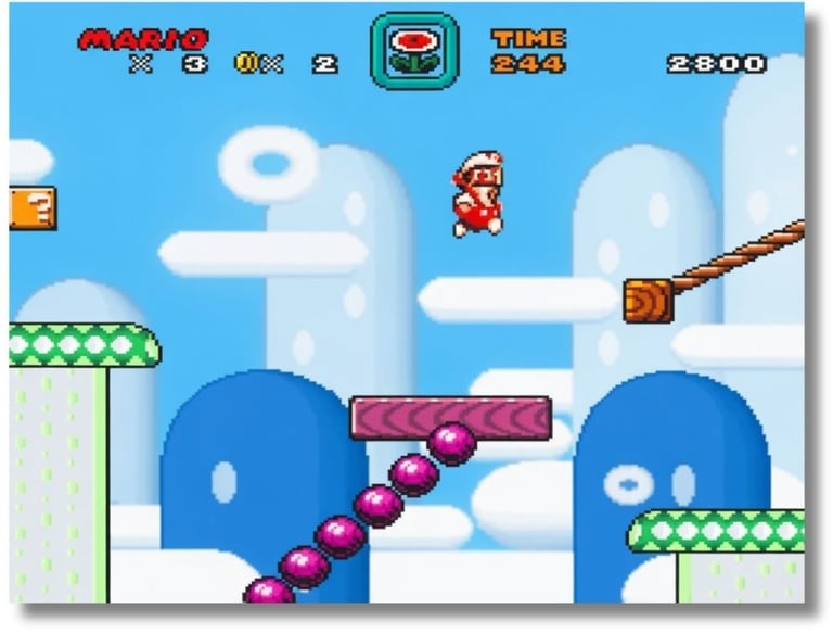 Mario pulando de plataforma com cenario azul e nuvens brancas