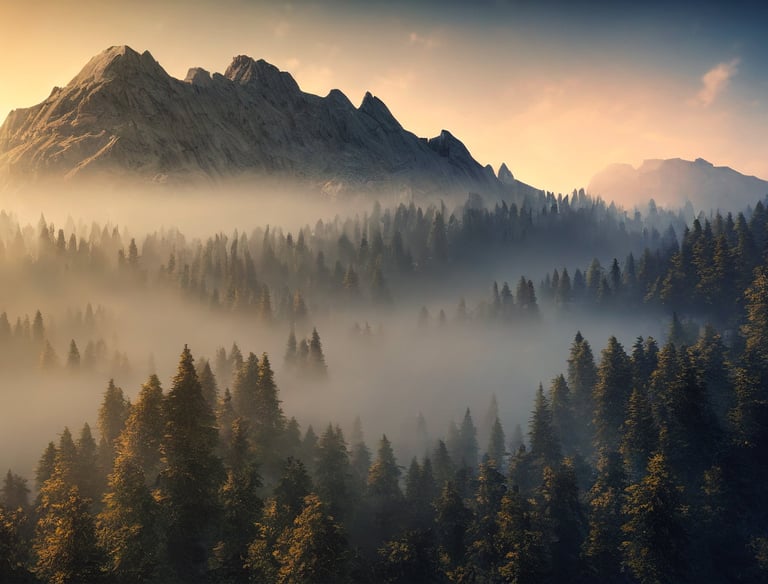 Mountains and evergreen forest with mist.