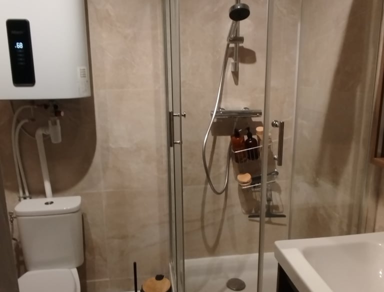 une salle de bain avec douche et WC