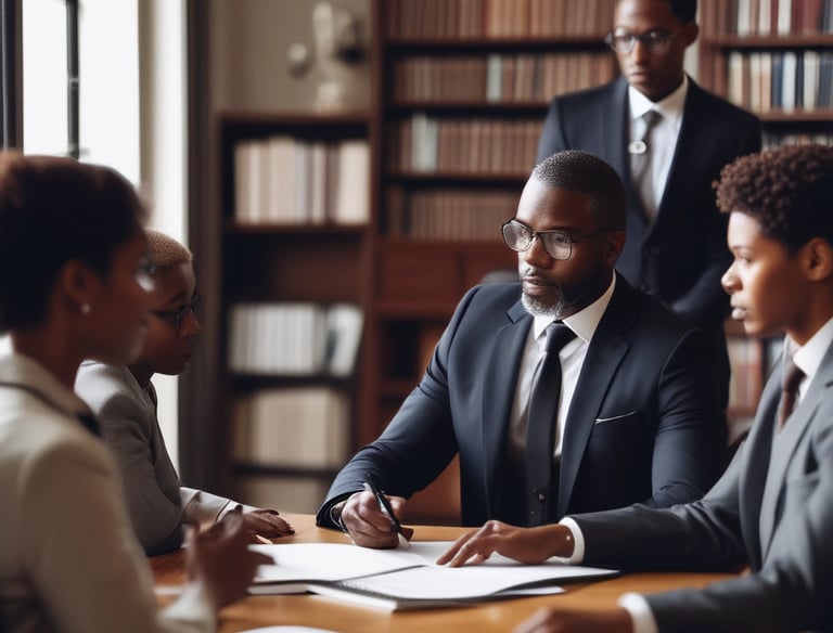 A professional consultation setting with a medical professional sitting at a desk facing a client. The room has a modern aesthetic with white walls decorated with framed certificates. The desk is organized with office supplies, a laptop, and a fruit bowl in the center.