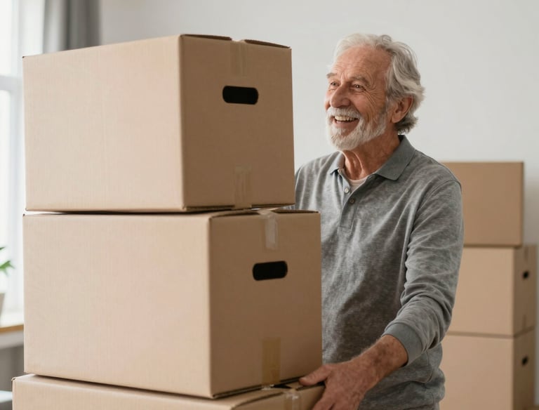 A smiling individual thoughtfully sorting through personal items during downsizing.