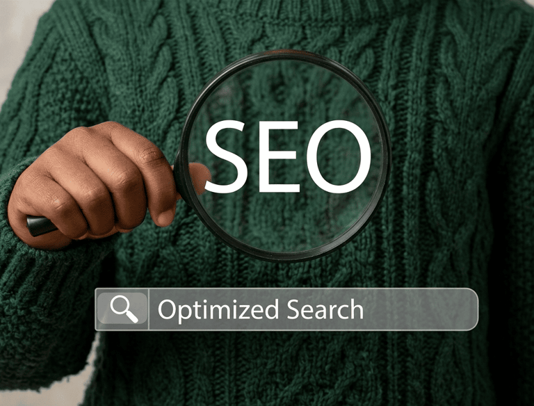 Hand holding a magnifying glass over the word SEO with an optimized search engine bar.