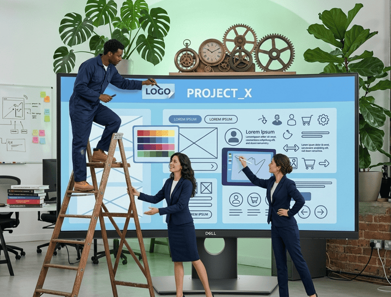 A creative team collaborates on a large touchscreen monitor to design a website wireframe in a modern office.