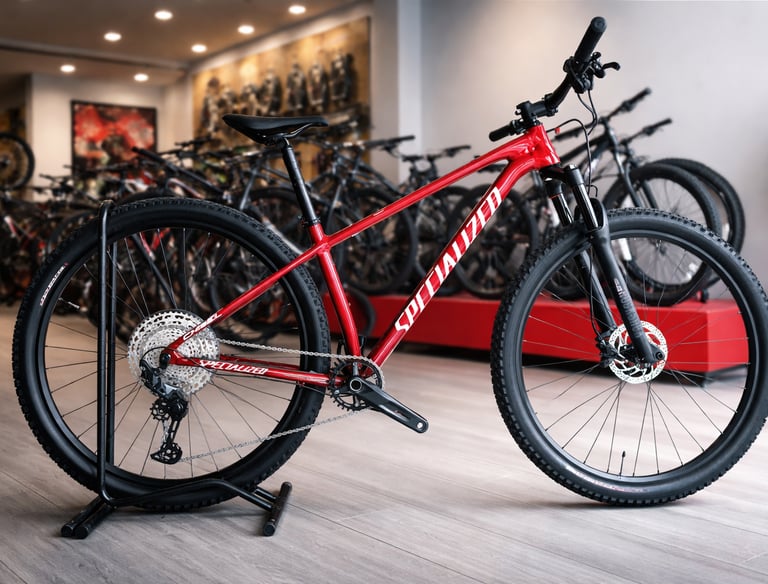 Bicicleta specialized roja parada en una parte del almacen 