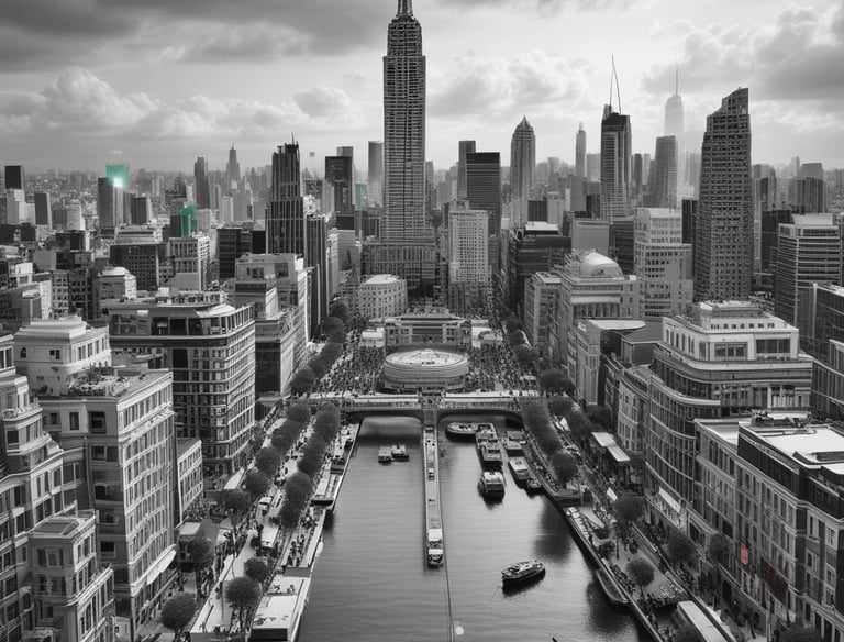 a man riding a skateboard down a street next to tall buildings
