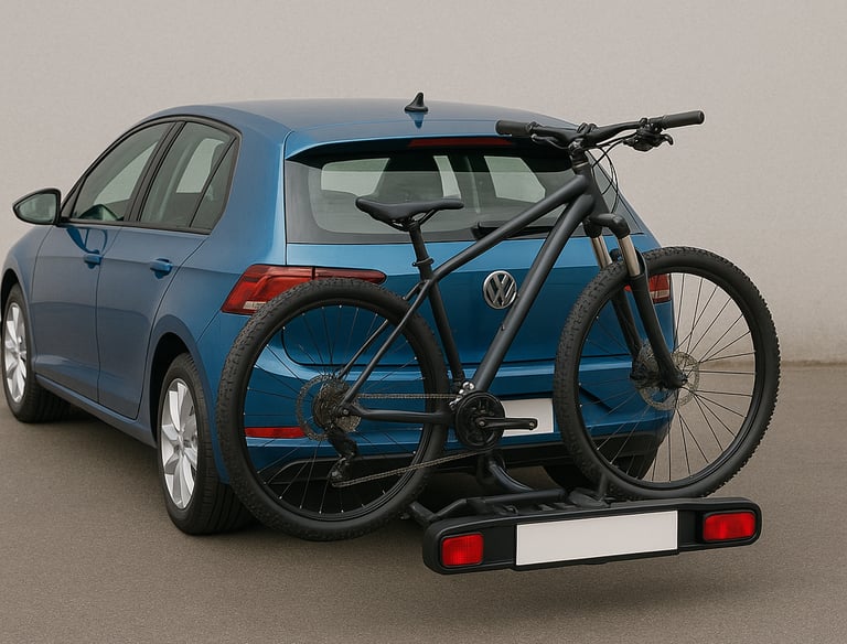 Towbar mounted bike rack fitted to blue Volkswagen car carrying two bicycles for travel.