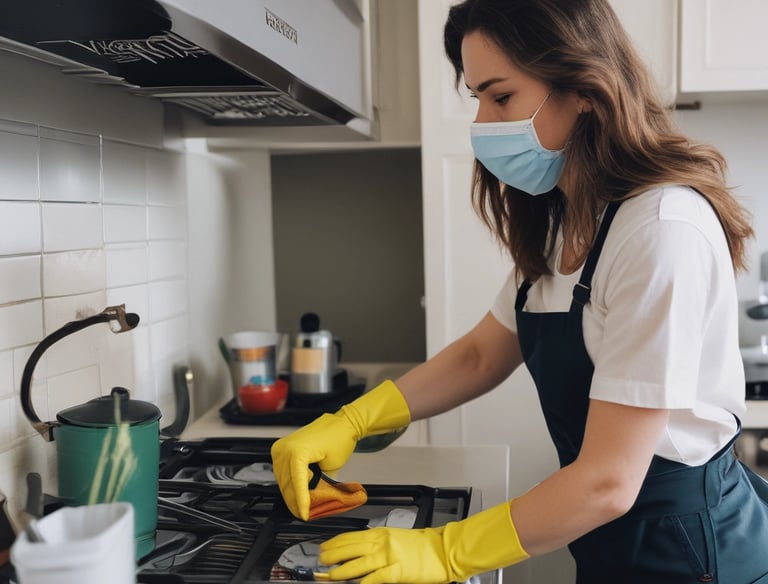 a woman in a mask and gloves cleaning a stove