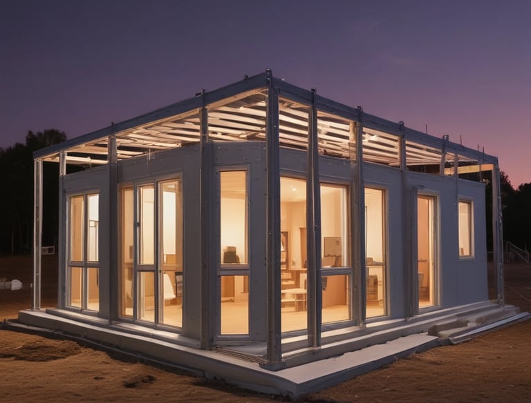 A large, bright room under construction with several large windows and glass doors revealing an outdoor scene with trees and patio furniture. Inside, there are tools, saws, and wooden planks scattered across two workbenches. The walls are freshly painted white, and recessed ceiling lights are illuminated, adding to the spacious and airy feel.
