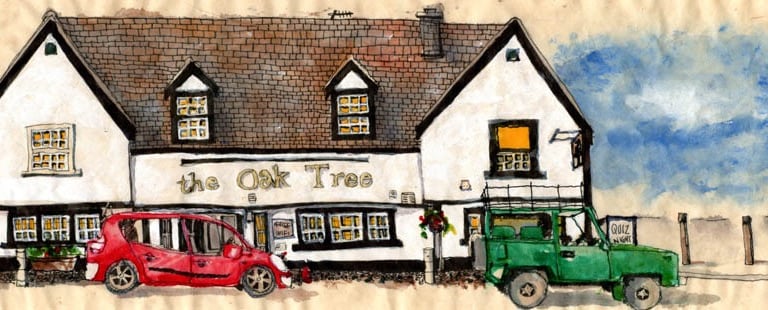 a drawing of a tractor and the oak tree pub in Sevenoaks