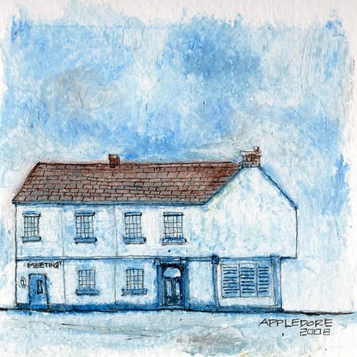 a drawing of a house with a blue sky in the background