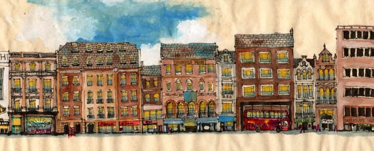 a painting of a cityscape of a city