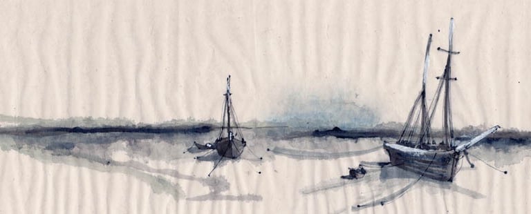 a painting of a boat in the water