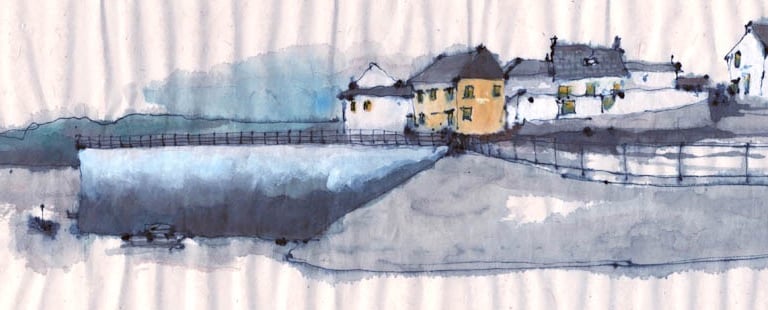 a painting of a house with a bridge over it
