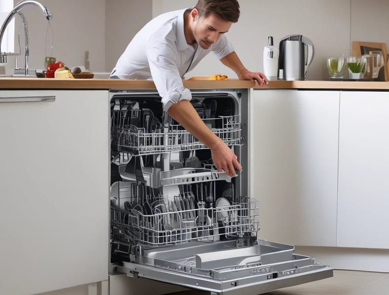 A store display with various home appliances, including vacuum cleaners and irons. The display includes several stacked boxes and products placed on shelves as well as a large digital sign displaying an advertisement. The store is well-lit with a clean, organized layout and there are people in the background near the entrance.