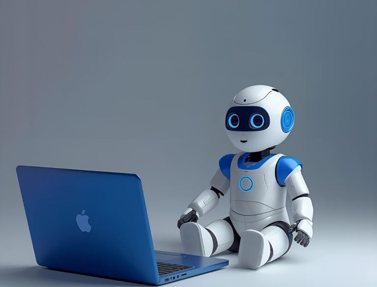 Small white humanoid robot with blue accents positioned near a laptop.