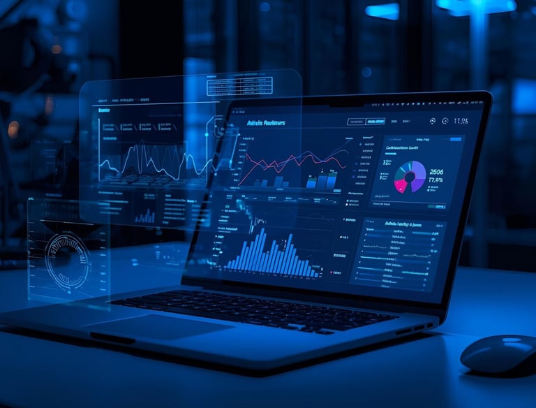 Laptop showing AI copywriting interface illustration on a clean desk.