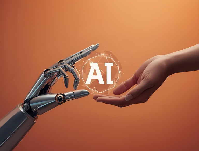 Robotic and human hand reaching toward an abstract crystal AI motif on orange gradient.
