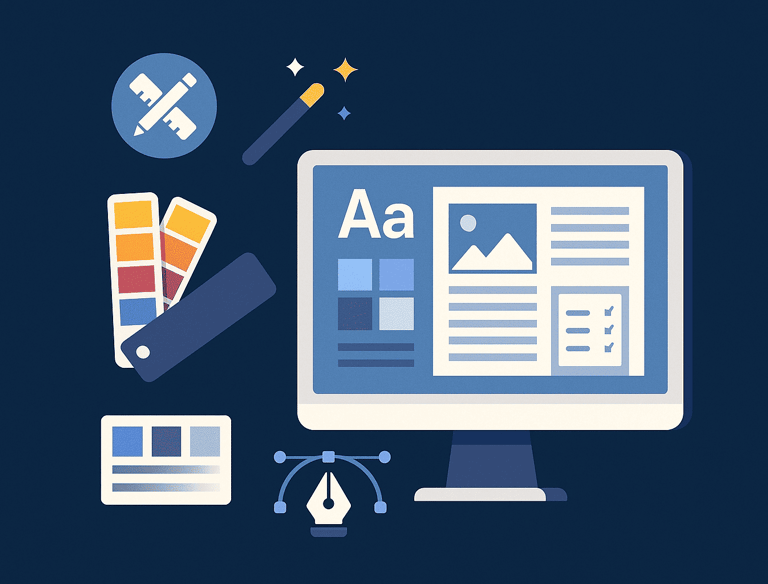Branding and UI/UX design services including logos, visual identity, and user interface design