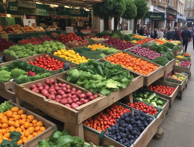 A vibrant market stall displaying an array of colorful fruits and vegetables.
