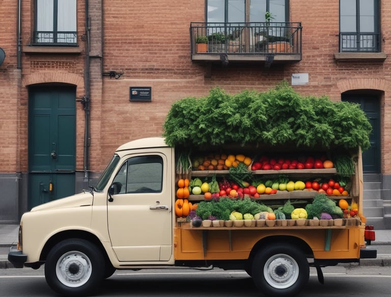 A delivery truck loaded with fresh fruits and vegetables on the road.