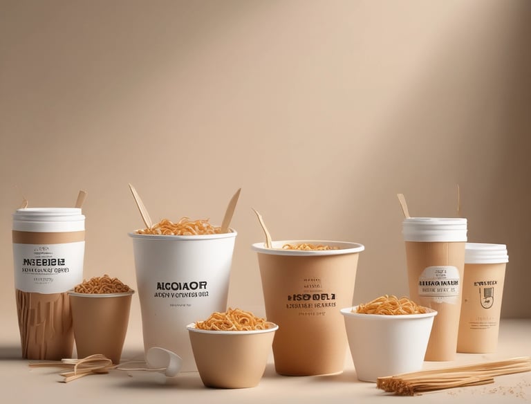 A biodegradable paper cup with a lid is positioned against a dark background, showcasing a label with elegant typography.