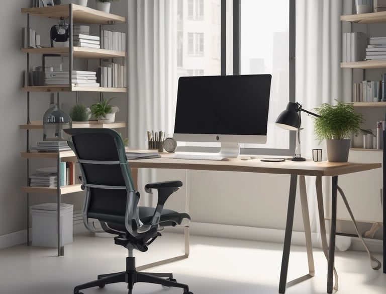 Two people in lab coats collaborate in an office setting. One is seated and pointing at a computer screen displaying medical images, while the other stands nearby holding a tablet. Large windows reveal a view of greenery outside, creating a bright and professional environment.