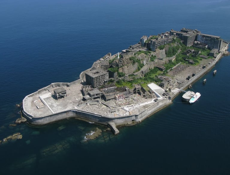 Gunkanjima (Battleship Island) with abandoned concrete buildings in Nagasaki
