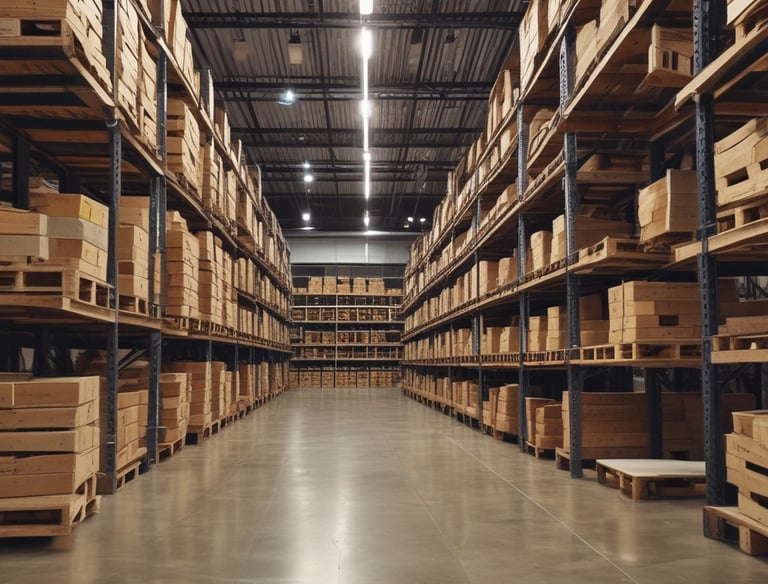 A warehouse with tall, orange metal shelving units filled with pallets wrapped in plastic. The floor is concrete, and overhead industrial lighting illuminates the space. The shelving reaches up to the ceiling, maximizing storage capacity with numerous boxes and items stacked neatly.