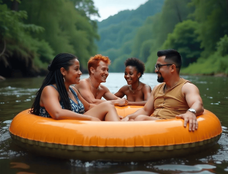 amigos disfrutando del tubing por el río palomino