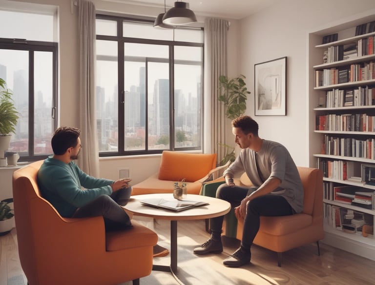 An old wooden house with a brown tiled roof stands in front of two modern high-rise apartment buildings. The house has a weathered appearance with a small window, and there is a 'for sale' sign on the side. The modern buildings behind are much taller, with multiple balconies and windows. The sky is a clear blue.