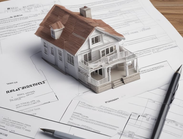 A residential street lined with brick houses stretches into the distance under a partly cloudy sky. A large tree without leaves stands tall on the right side, casting long shadows on the wet pavement. For sale signs are visible in front of the houses, indicating real estate activity. The sunlight filters through the branches, creating a serene atmosphere.