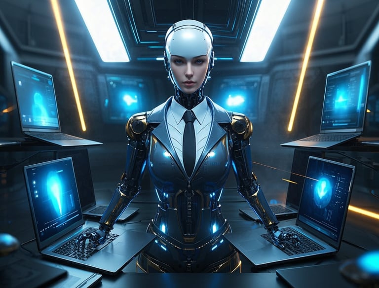 ai female robot business suit surrounded by several laptops 