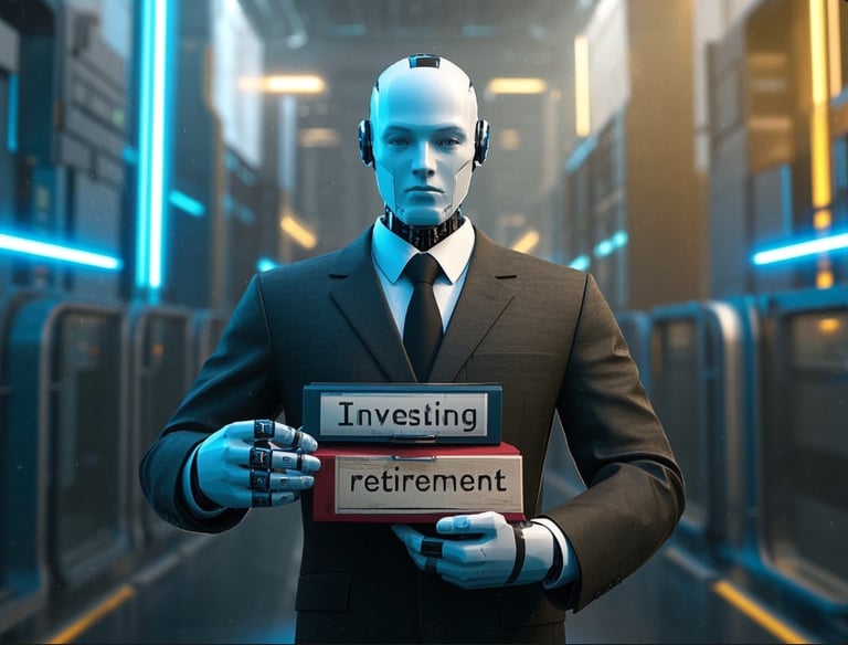 ai male robot business suit holding two books investing and retirement 