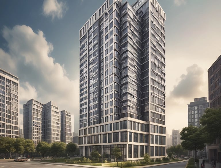 a man riding a skateboard down a street next to tall buildings