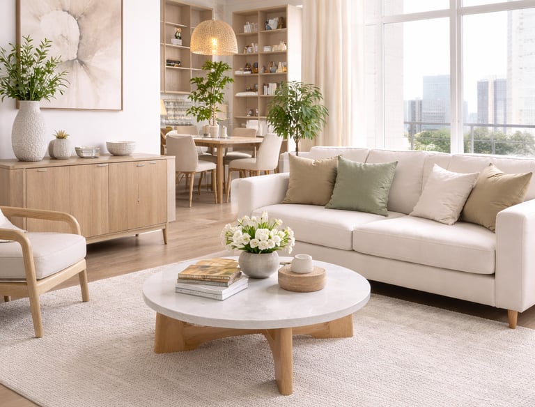 Modern interior design with natural light, neutral tones, and elegant furnishings
