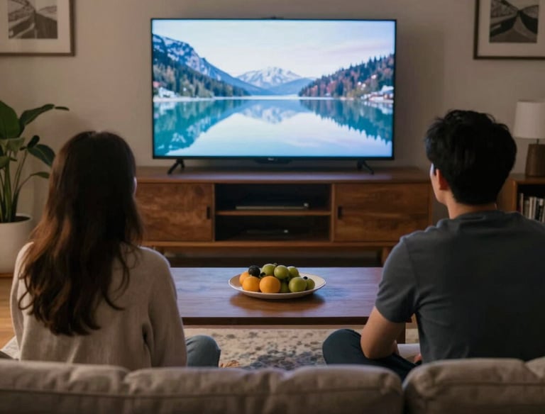 Family enjoying streaming TV shows on multiple devices in a cozy living room.
