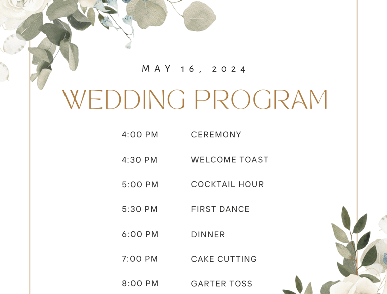 Programs: Templates for wedding ceremony programs outlining the order of events, readings, and key p