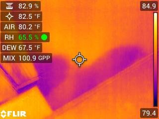 Thermal imaging camera scan showing purple moisture patterns and humidity data for home mold inspection.