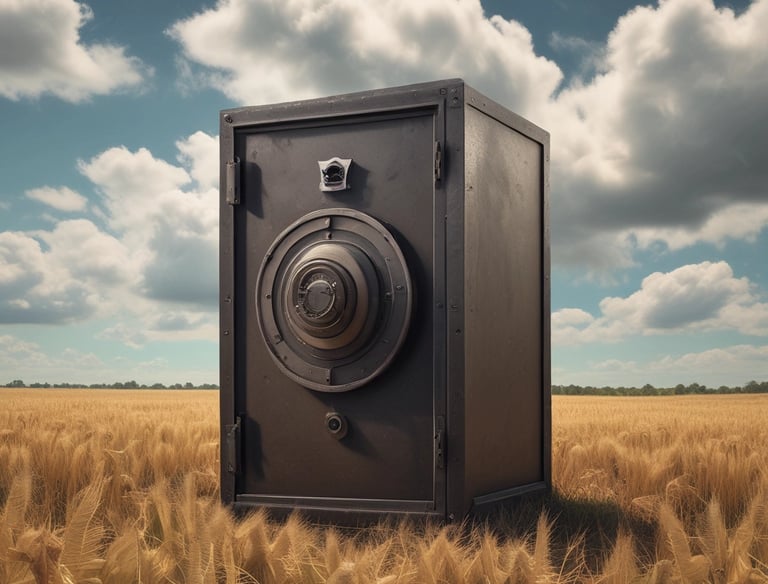 A large black tractor with big, textured tires is parked in an industrial outdoor setting. Adjacent to the tractor, there is a piece of orange agricultural machinery with metal components. In the background, parts of a building and some trees are visible.