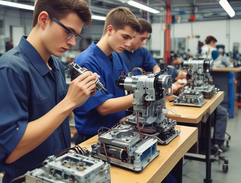 A classroom setting features several old-fashioned sewing machines on wooden desks lined in rows. The background includes a wall of chalkboards covered with writing, creating an atmosphere of a vintage educational or vocational training environment.