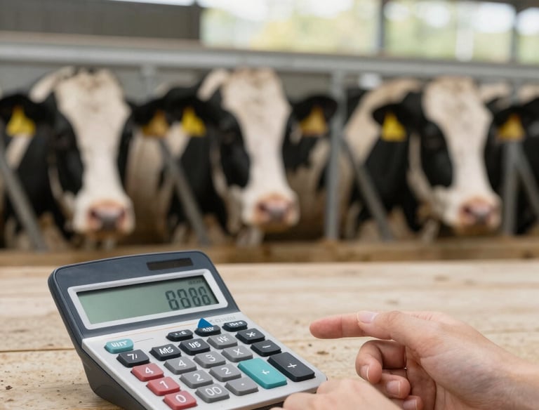 A close-up of a black and white cow's head. The cow has a yellow ear tag with identification number 28694. It appears to be standing inside a dark barn or stable.
