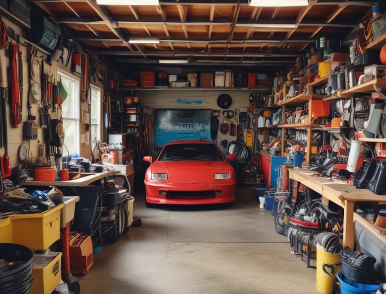 A clean and organized one-car garage with bright lighting.