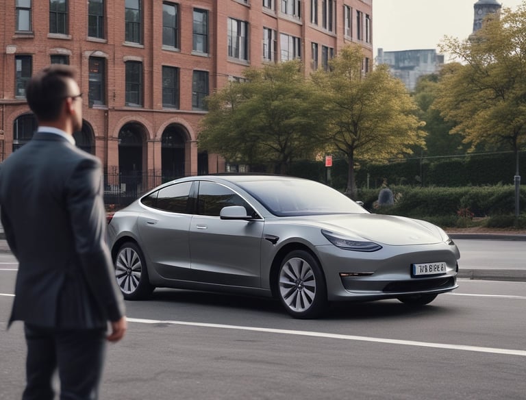 Professional driver opening the door of a Tesla for a smiling passenger.